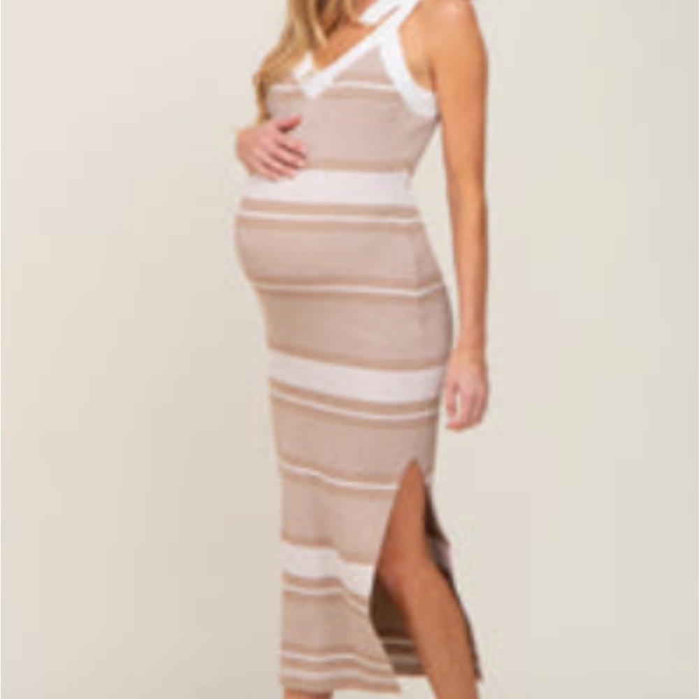 Elegant Tan and White Striped Maternity Dress